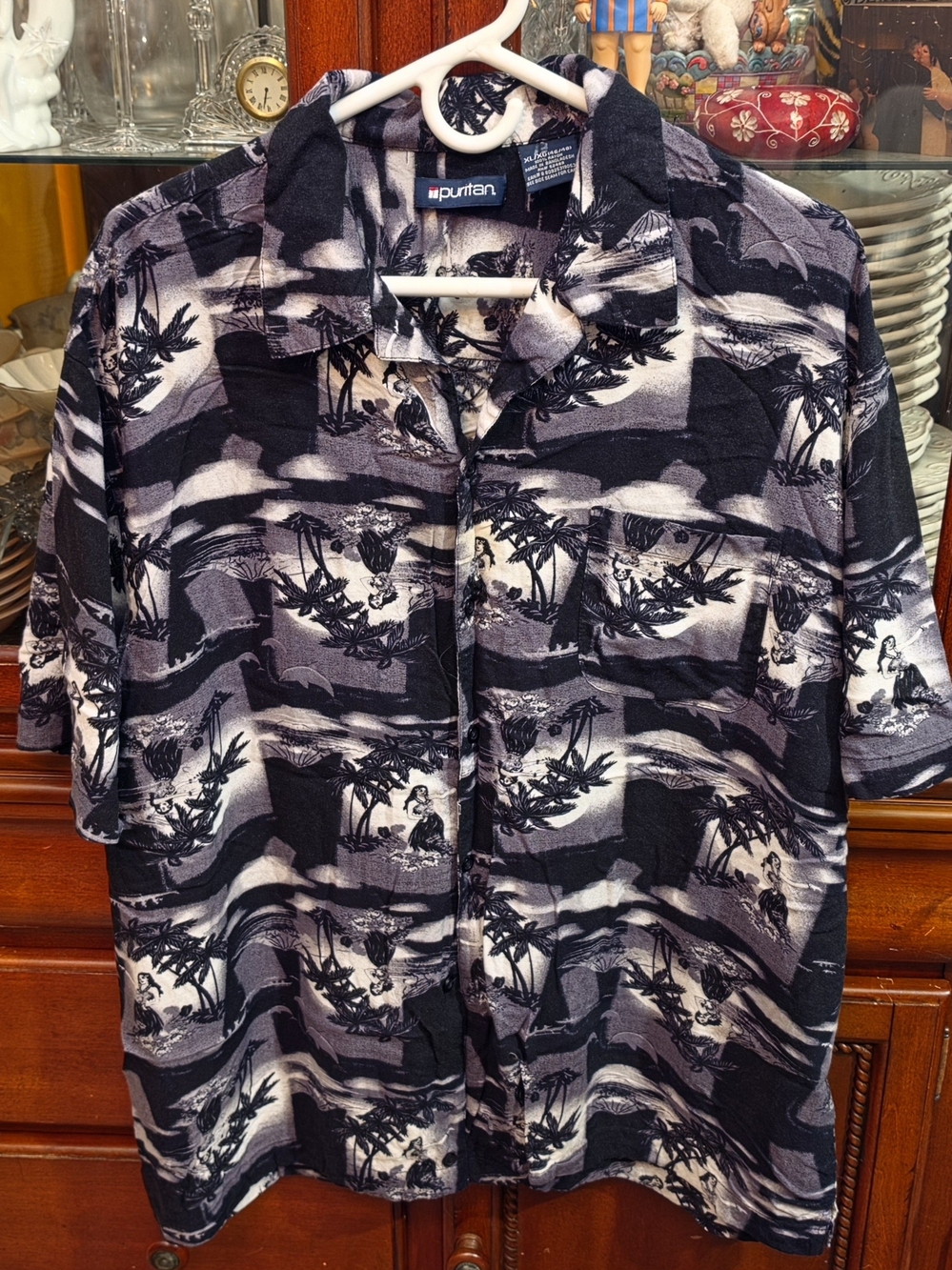 Puritan Black and Gray Hawaiian-Style Short Sleeve Button-Down Shirt Size XL